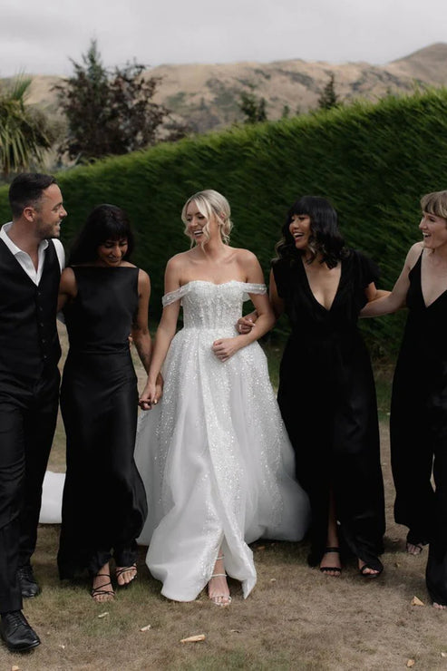 Luolandi A-Line Off the Shoulder Sequin Wedding Dresses Sparkly Sexy