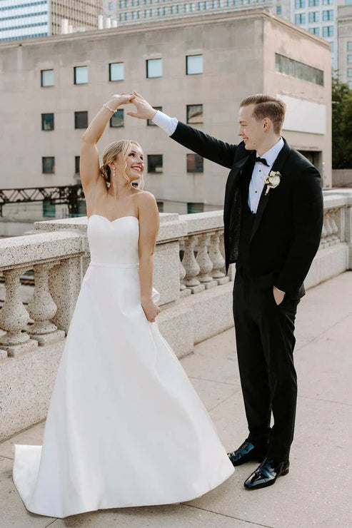 Luolandi A-Line Sweetheart Satin Wedding Dresses Off Shoulder Long