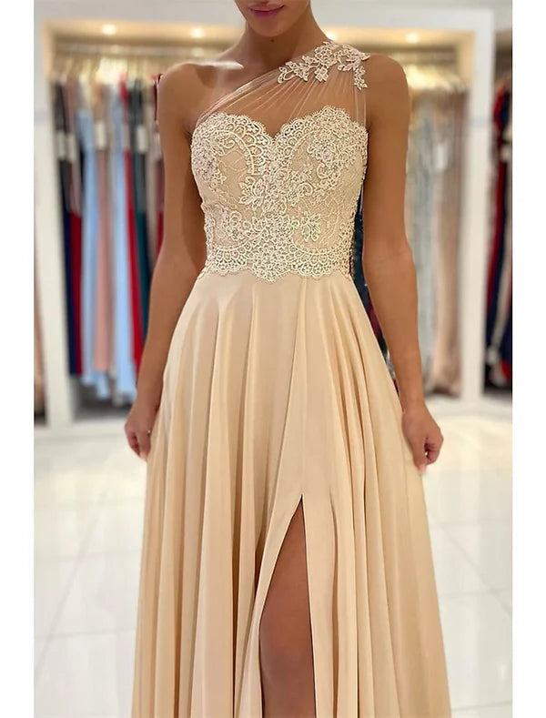 Luolandi A-Line Prom Dresses Sexy Dress Formal Wedding Guest Court Train Sleeveless One Shoulder Chiffon with Slit Appliques Evening Dress