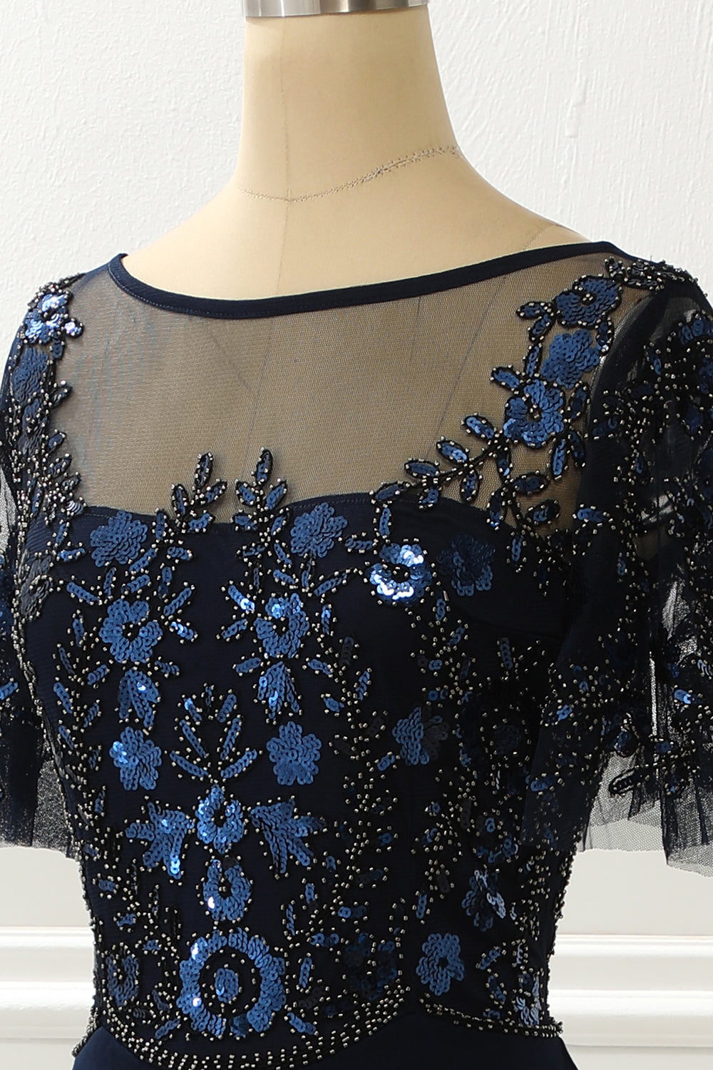 Luolandi Navy Sequin Mermaid Prom Dress With Beading Short Sleeve Mother of the Bride Dress