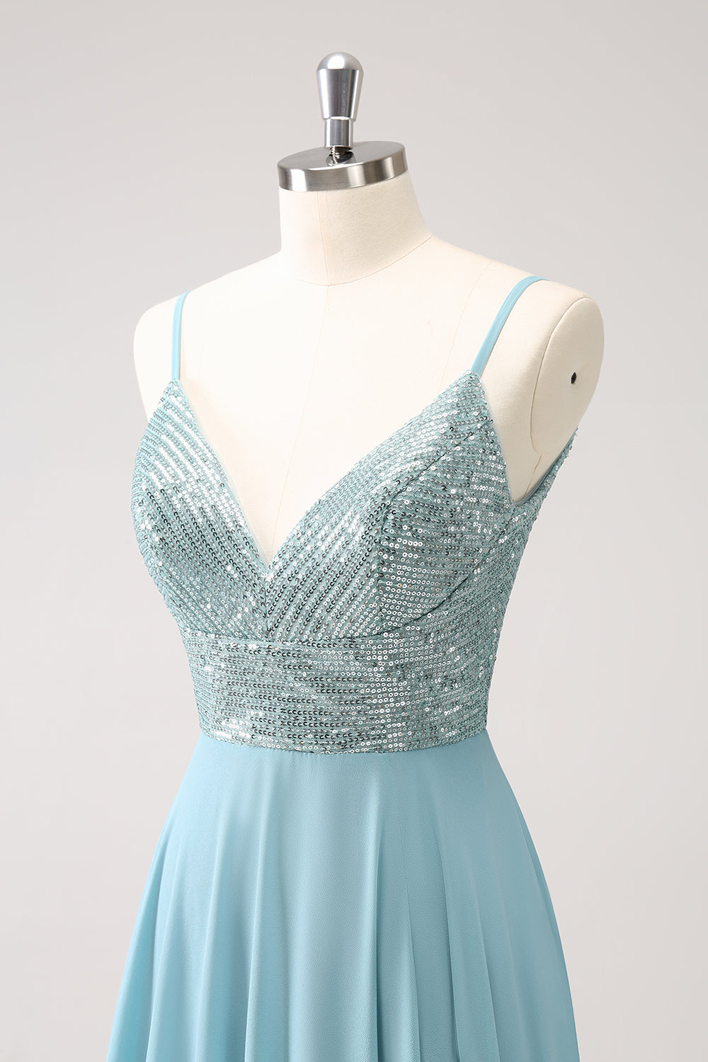 Luolandi Sparkly Spaghetti Straps Grey Green Sequined A Line Long Prom Dress With Slit Bridesmaid Dress