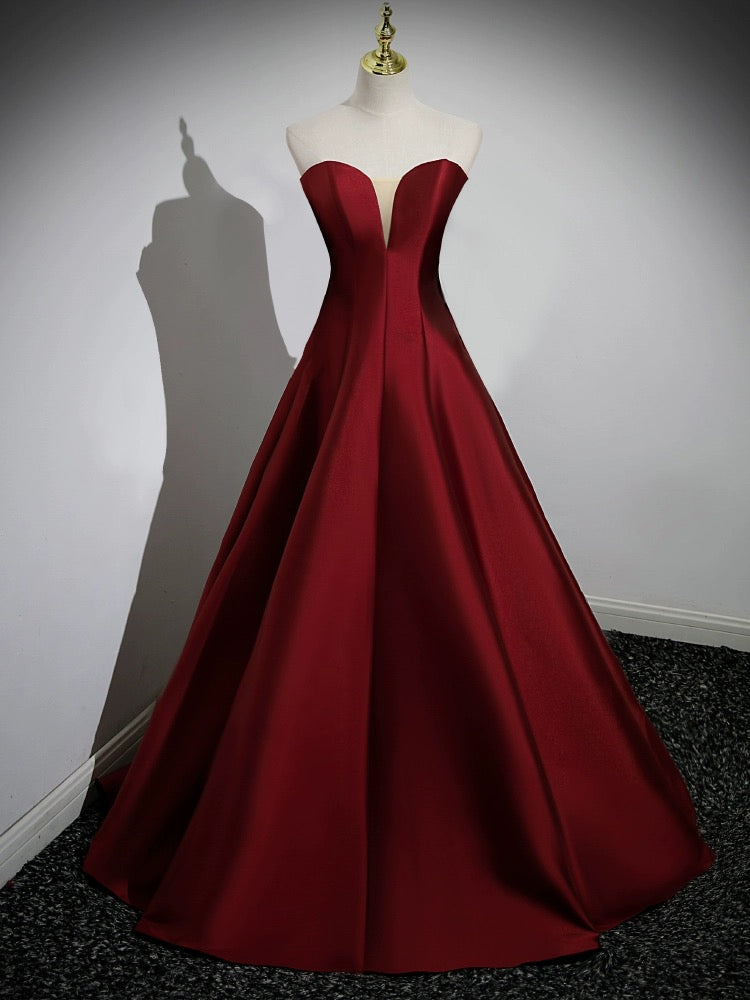 Luolandi A-Line Puff Sleeves Satin Burgundy Long Prom Dress Formal Dress Evening Dress