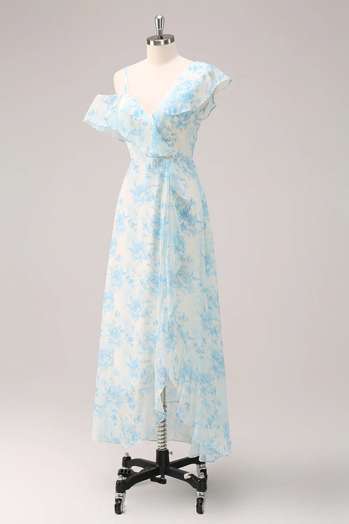 Luolandi Stylish A-Line Blue Flower Chiffon Bridesmaid Dress with Slit Party Dress