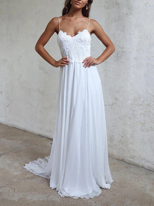 Luolandi A-line Spaghetti Strap Sweep Train Chiffon Appliqued Wedding Dresses Elegant