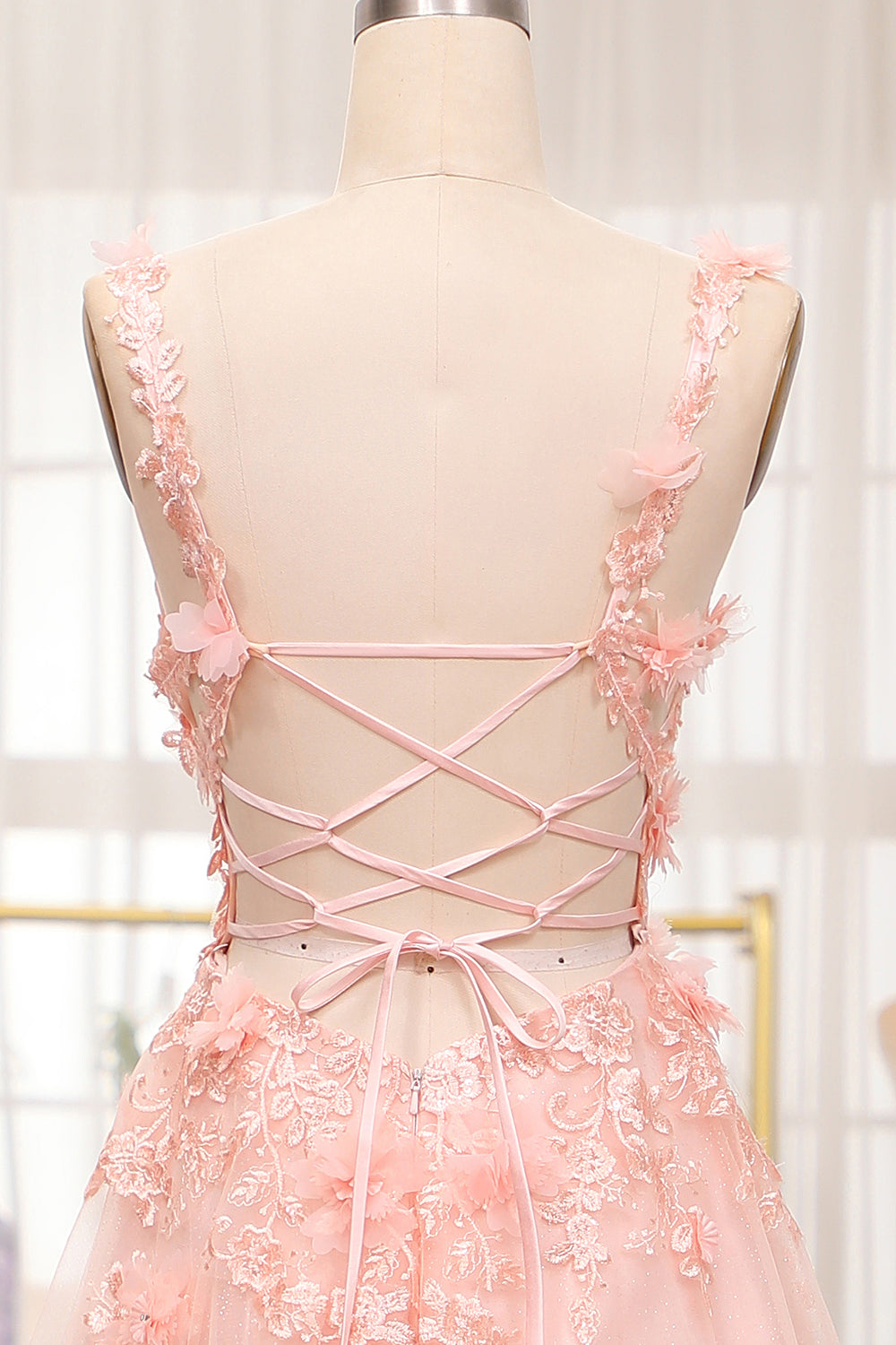 Luolandi Blush A-Line Spaghetti Straps Long Prom Dress With Appliques Flowers And Slit