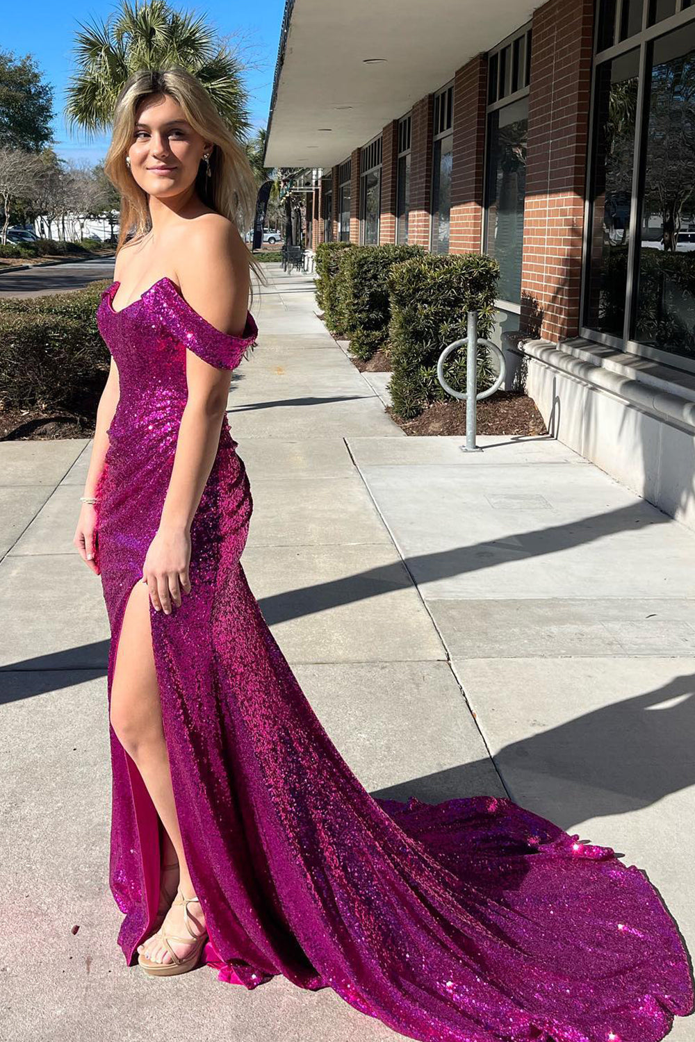 Luolandi Blue Off Shoulder Mermaid Prom Dress With Slit Sparkly Evening Dress
