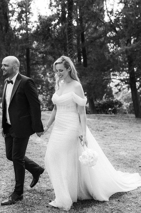 Luolandi Sparkly Mermaid Off the Shoulder Sequins Wedding Dresses Beautiful