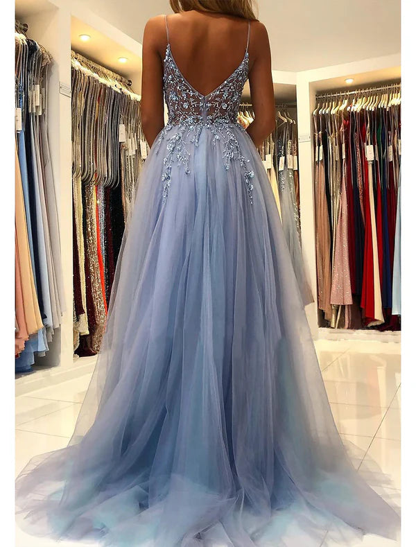 Luolandi A-Line Prom Party Dress Princess Dress Formal Prom Court Train Sleeveless V Neck Tulle with Beading And Slit