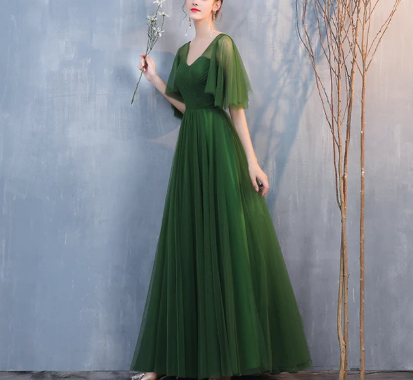 Luolandi Dark green Tulle A-line Long Formal Dresses Evening Dress Floor Length Bridesmaid Dresses Elegant Prom Dress