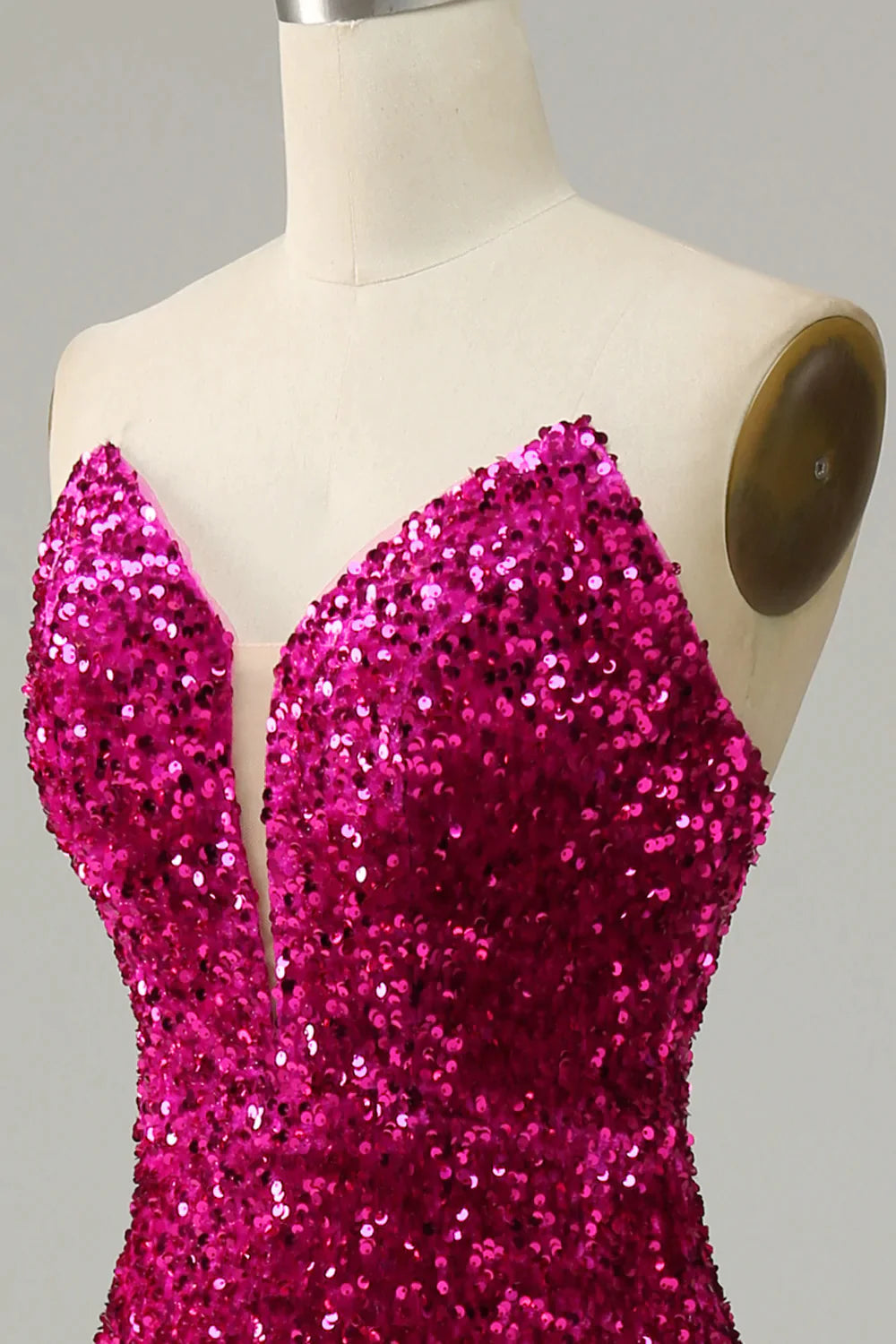 Luolandi Fuchsia Strapless Sequins Prom Dress With Slit Sparkly Sexy Evening Dress