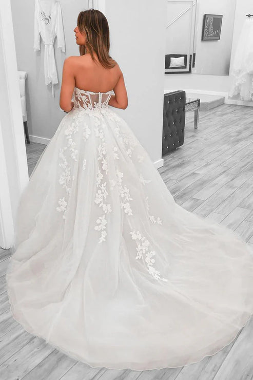 Luolandi A-Line Sweetheart Tulle Wedding Dresses With Slit Off Shoulder Floor Length Beautiful