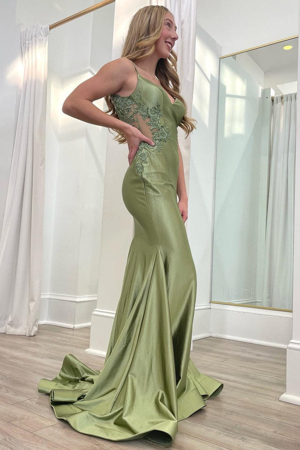 Luolandi Sage Green Spaghetti Strap Backless Trumpet Long Gown Sexy Evening Dress