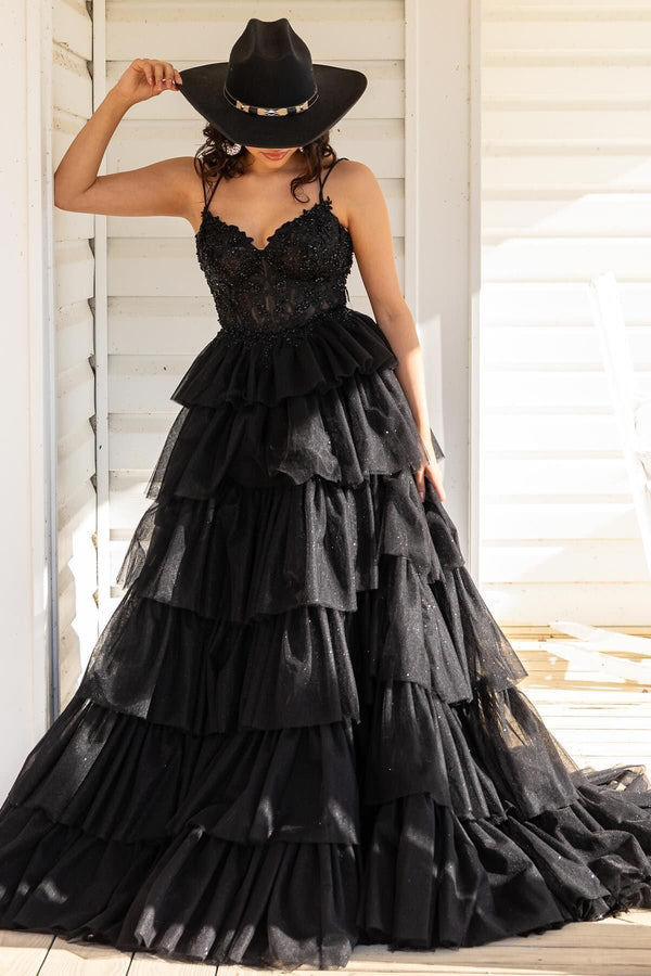 Luolandi Tiered Ruffle Appliques Corset Long Prom Dress with Spaghetti Straps Beautiful