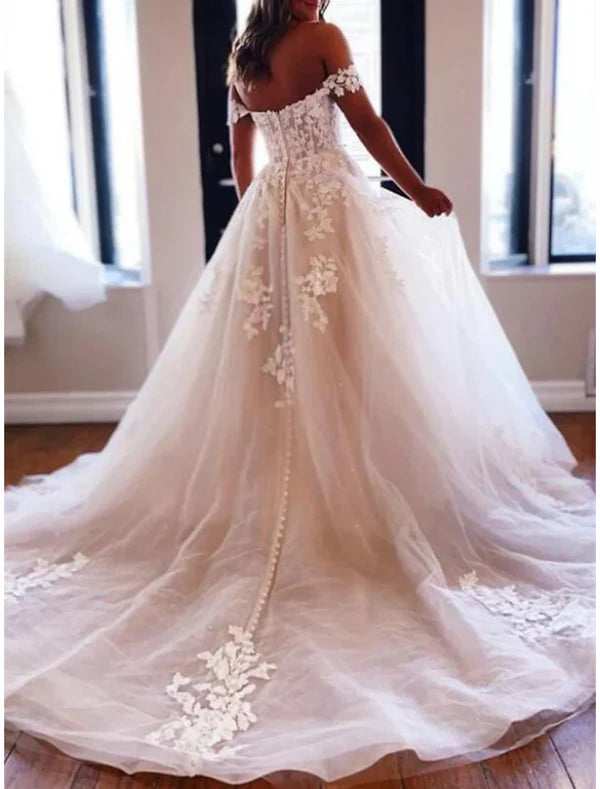 Luolandi Engagement Formal Wedding Dresses Ball Gown Off Shoulder Cap Sleeve Chapel Train Lace Bridal Gowns With Buttons Appliques Beautiful