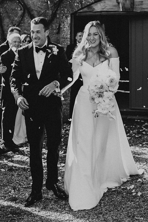 Luolandi Simple A-Line Off the Shoulder Long Sleeves Satin Wedding Dresses Sexy