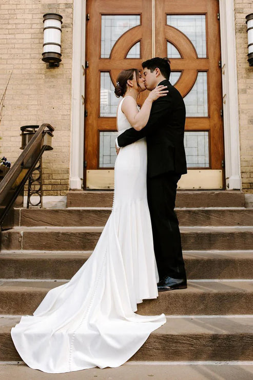 Luolandi Mermaid Square Neck Satin Wedding Dresses Solid Color Long Sexy