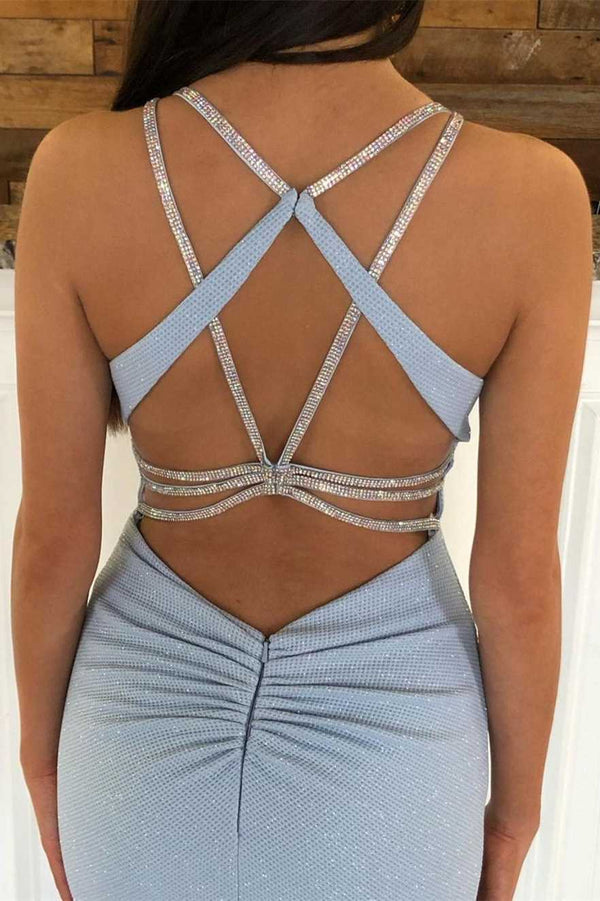 Luolandi Light Blue Beaded Backless Trumpet Long Prom Dress Sexy Evening Dress