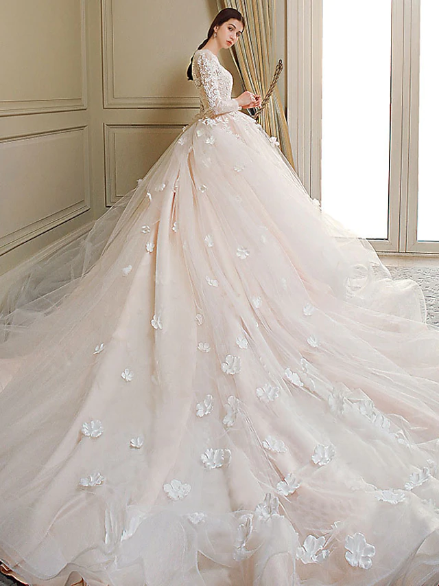 Luolandi Princess Ball Gown Wedding Dresses Jewel Neck Chapel Train Lace Tulle Long Sleeve Formal Romantic Luxurious with Bow(s)