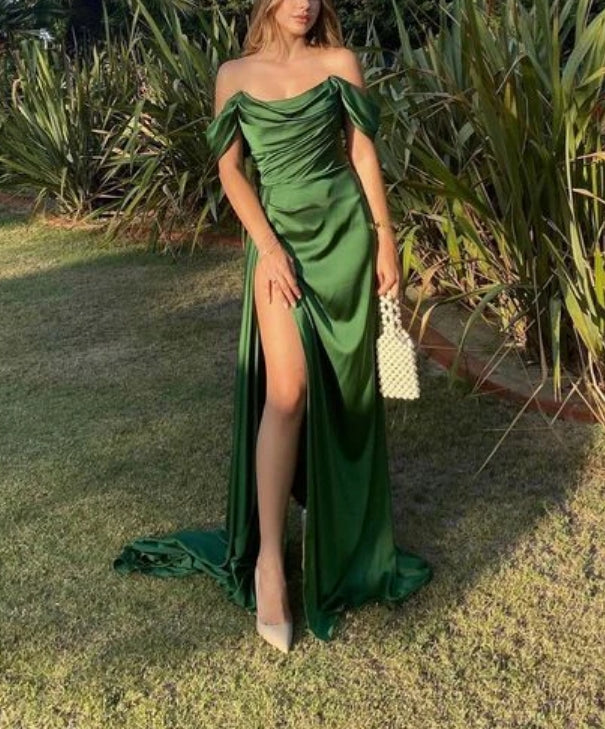 Luolandi Off The Shoulder Green Slit Long Prom Dress Charming Evening Party Dress