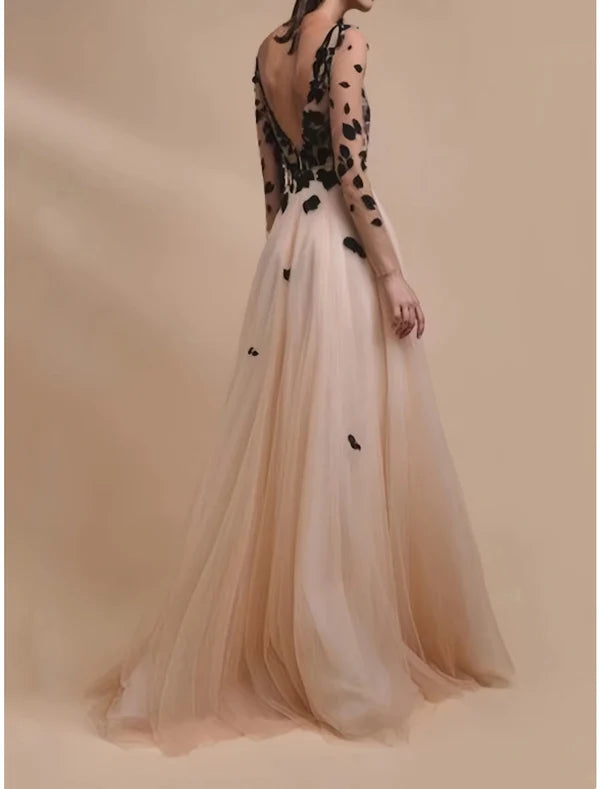 Luolandi A-Line Evening Gown Champagne Gold Elegant Dress Formal Wedding Guest Sweep / Brush Train Long Sleeve V Neck Tulle with Embroidery Prom Dress