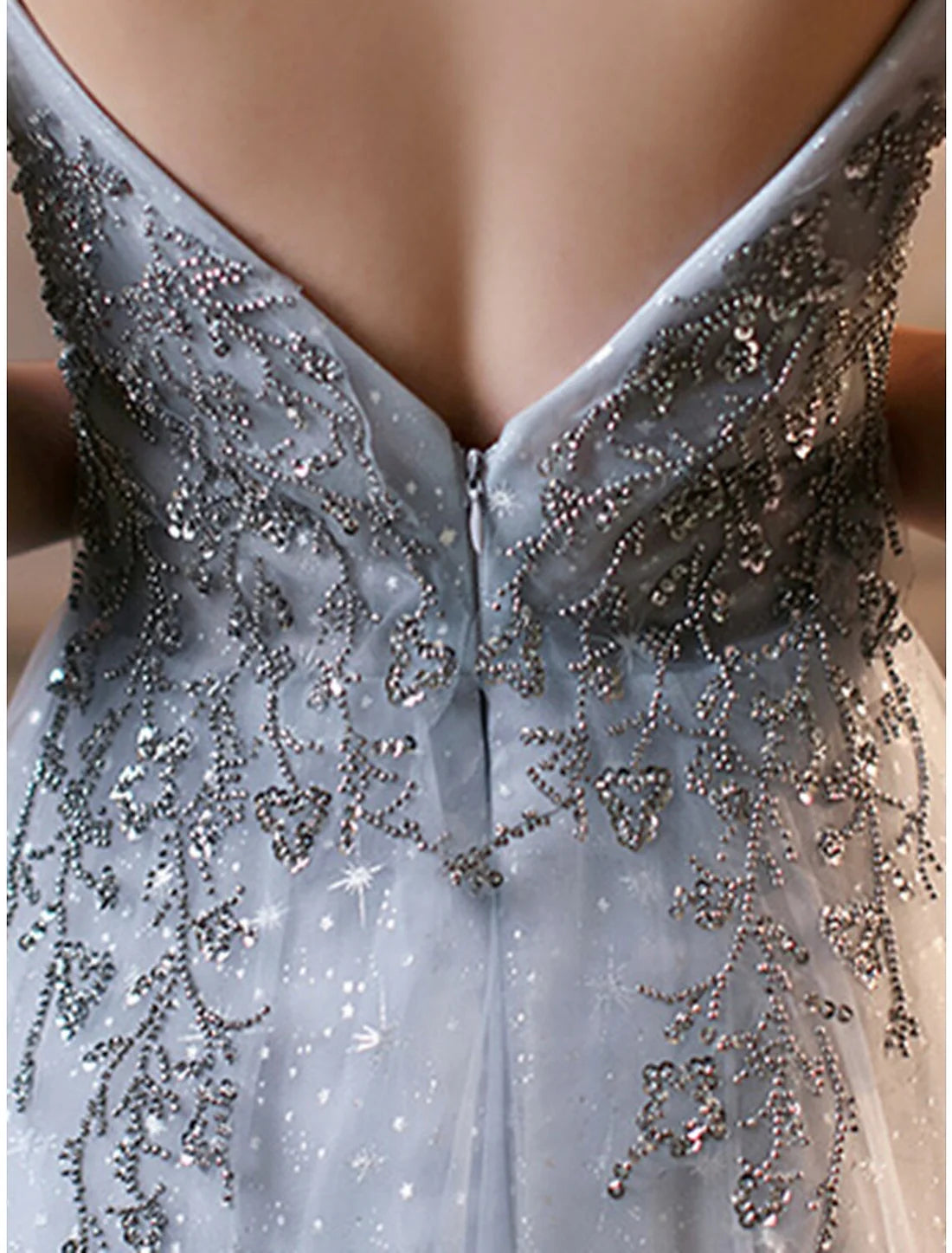 Luolandi A-Line Sparkle Elegant Prom Formal Evening Dress V Neck Sleeveless Floor Length Tulle with Pleats Beading Beautiful