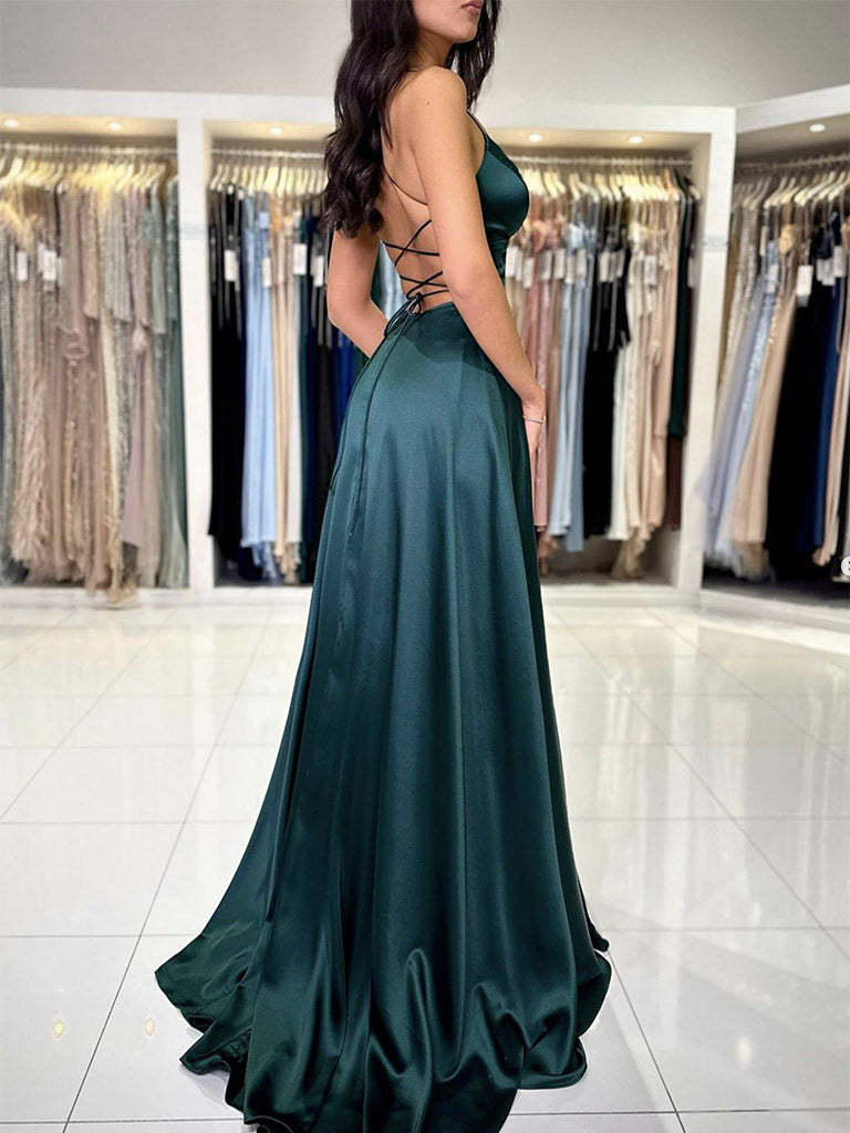 Luolandi A-Line V Neck Dark Green Satin Long Prom Dress Evening Dress With Slit Sexy