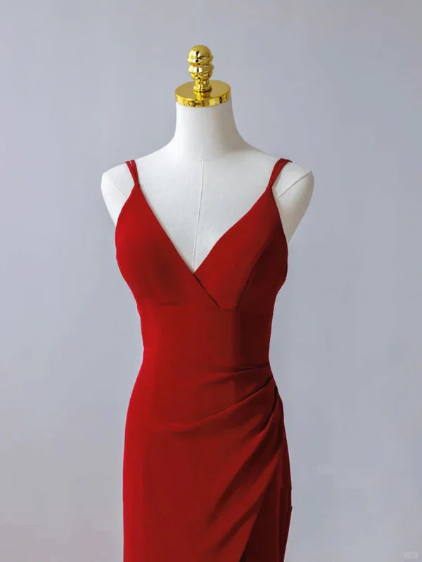 Luolandi Pretty Red Mermaid Straps Long Evening Dress with Leg Slit Red Prom Dress Solid Color