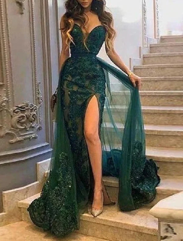 Luolandi Mermaid Prom Dresses Emerald Green Dress Christmas Green Dress Wedding Guest Court Train Sleeveless Strapless Tulle with Slit Appliques Evening Dress
