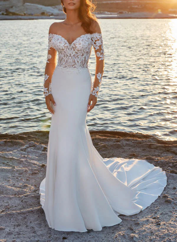 Luolandi Off-The-Shoulder Sweep Train Wedding Dress With Lace Trumpet/Mermaid Floor Length Elegant