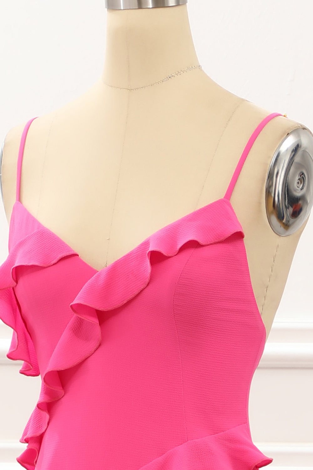 Luolandi Hot Pink Satin Ruffles Prom Dress With Slit Sexy Evening Dress Party Dress