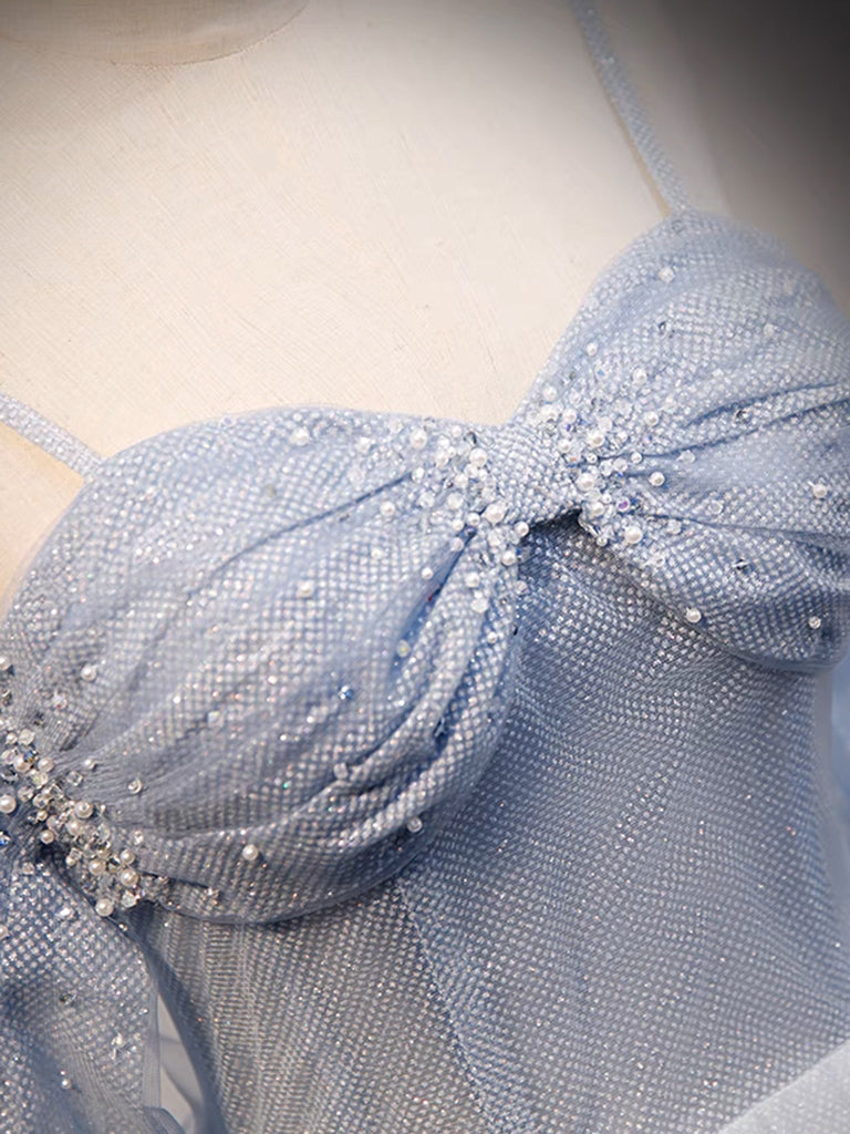 Luolandi A-Line Off Shoulder Tulle Gray Blue Long Prom Dress Long Formal Dress Evening Dress Sparkly