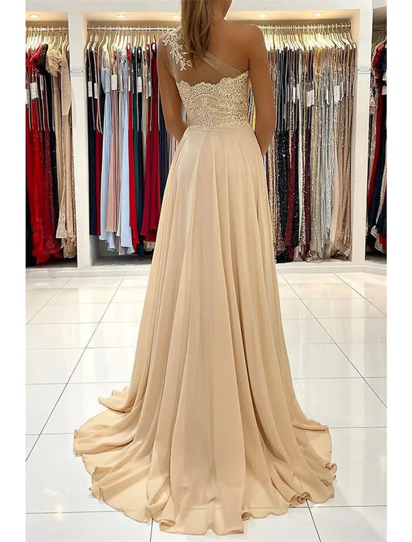 Luolandi A-Line Prom Dresses Sexy Dress Formal Wedding Guest Court Train Sleeveless One Shoulder Chiffon with Slit Appliques Evening Dress