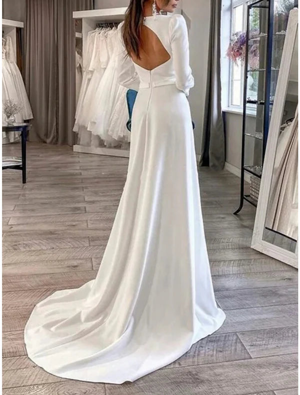 Luolandi Formal Wedding Dresses Sheath / Column Sweetheart Long Sleeve Court Train Satin Bridal Gowns With Pleats Split
