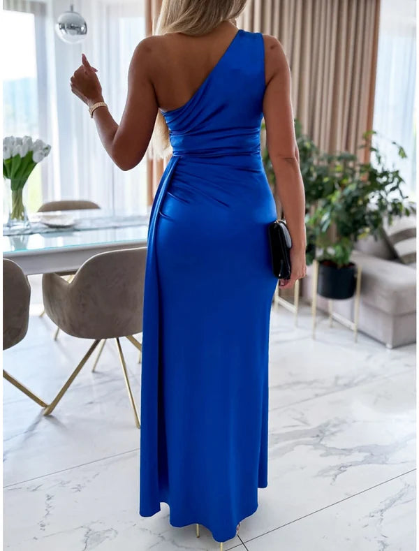 Luolandi Women's Prom Dress Party Dress Satin Dress Long Dress Maxi Dress Blue Sleeveless Pure Color Ruched One Shoulder Party Wedding Guest Evening Dress