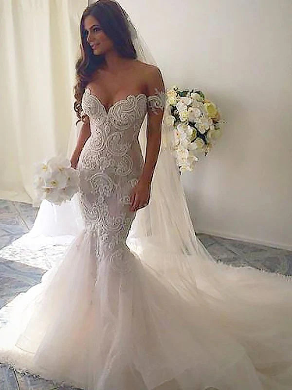 Luolandi Trumpet/Mermaid Chapel Train Off-the-Shoulder Tulle Sleeveless Wedding Dresses Sexy