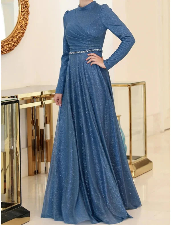 Luolandi A-Line Evening Gown Elegant Dress Formal Floor Length Long Sleeve High Neck Lurex Fabric with Rhinestone Pleats Ruched Mother of the Bride Dress