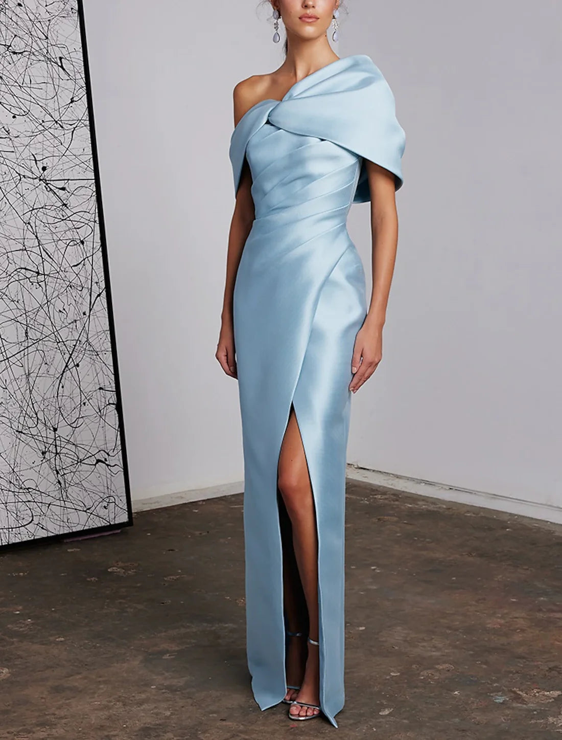 Luolandi Sheath / Column Evening Gown Elegant Dress Formal Wedding Floor Length Sleeveless One Shoulder Satin with Ruched Slit Sky Blue