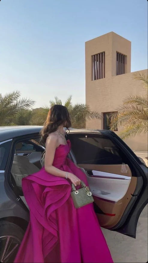 Luolandi Fuchsia A-Line Strapless Long Prom Dress Evening Party Dress Off Shoulder Elegant