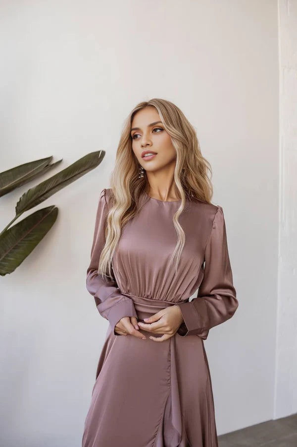 Luolandi Silk Maxi Dresses With High Slit For Women Long Sleeve Satin Wedding Guest Dress Party Dress