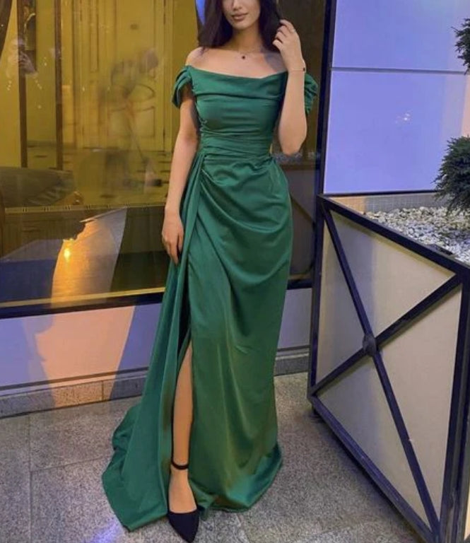 Luolandi Green Off Shoulder Satin Long Prom Dress Party Dress with Slit Elegant Evening Dress