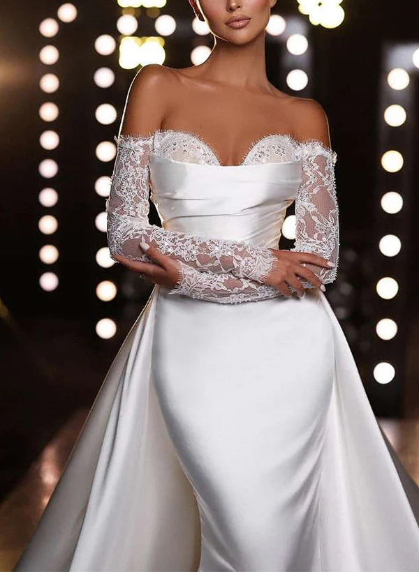 Luolandi Off-The-Shoulder Long Sleeves Mermaid Trumpet Satin Wedding Dresses With Panel Train Elegant