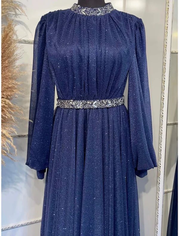 Luolandi A-Line Evening Gown Elegant Dress Formal Floor Length Long Sleeve Jewel Neck Lurex Fabric with Rhinestone Pleats Mother of the Bride Dress
