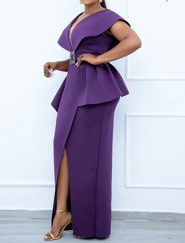 Luolandi Women's Plus Size Curve Party Dress Solid Color V Neck Short Sleeve Prom Dress Evening Dress