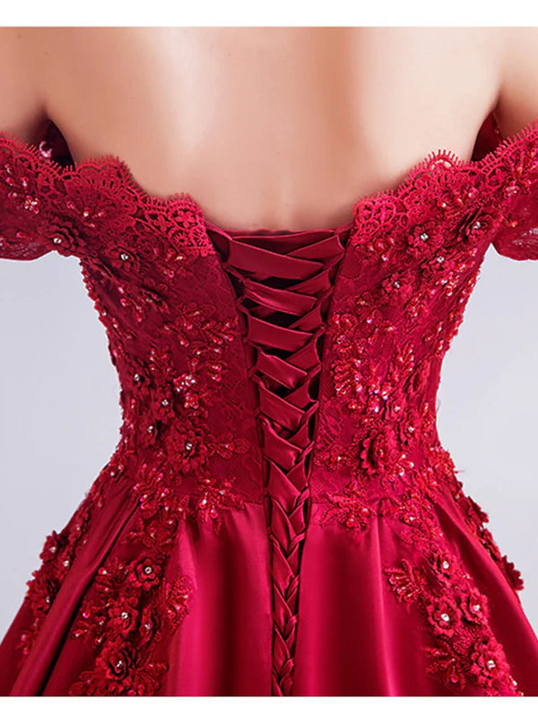 Luolandi A-Line Sexy Engagement Formal Evening Dress Off Shoulder Short Sleeve Sweep / Brush Train Lace with Pleats Beading Prom Dress