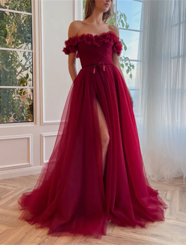 Luolandi A-Line Prom Dresses Floral Dress Wedding Guest Wedding Party Sweep / Brush Train Short Sleeve Off Shoulder Tulle with Slit