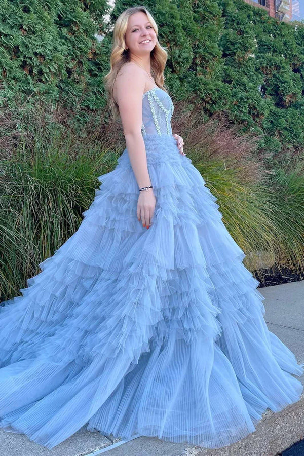 Luolandi Princess Blue Strapless Tiered Tulle Prom Gown Off Shoulder Long Prom Dress
