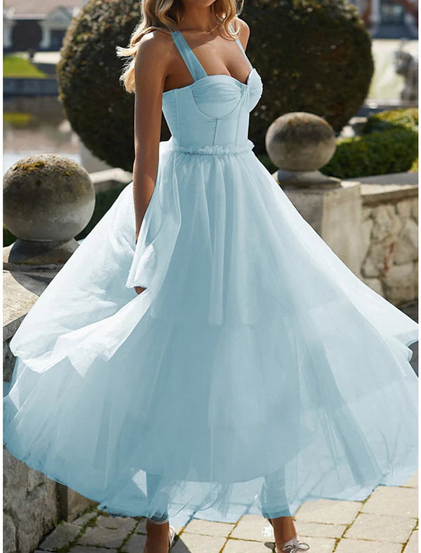 Luolandi Women's Party Dress Cocktail Dress Wedding Guest Dress Midi Dress Pink Light Blue Sleeveless Pure Color Mesh Spring Fall Winter Spaghetti Strap Fashion Wedding Guest Birthday