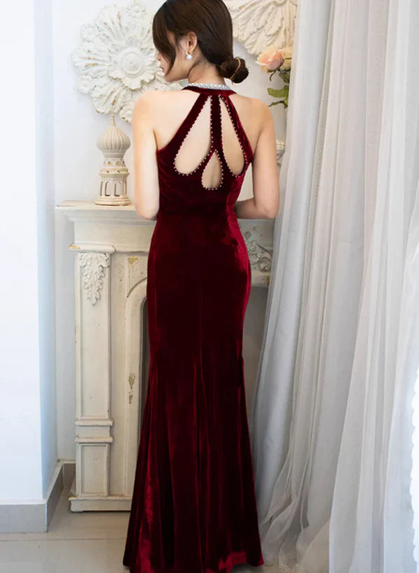 Luolandi Wine Red Velvet Deep V-Neck Mermaid Beaded Long Party Dress Prom Dress Evening Dress