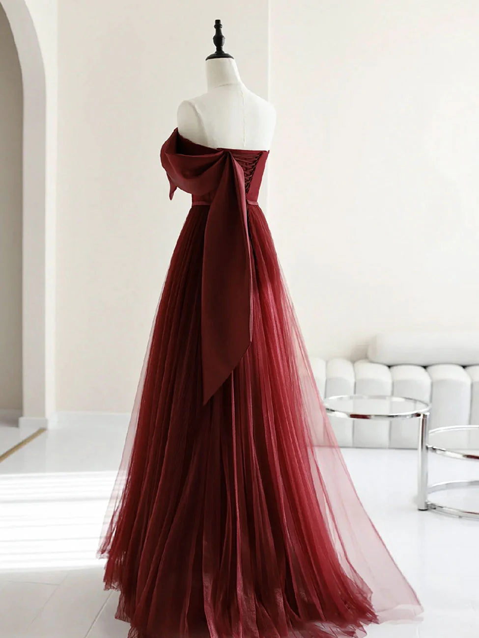 Luolandi A-Line Tulle Burgundy Long Prom Dresses Formal Evening Dresses december wedding guest dress