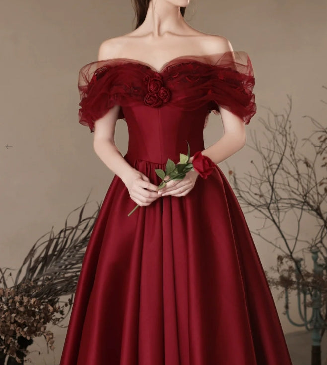 Luolandi A-Line Off Shoulder Satin Burgundy Long Prom Dress Formal Dress Elegant Evening Dress